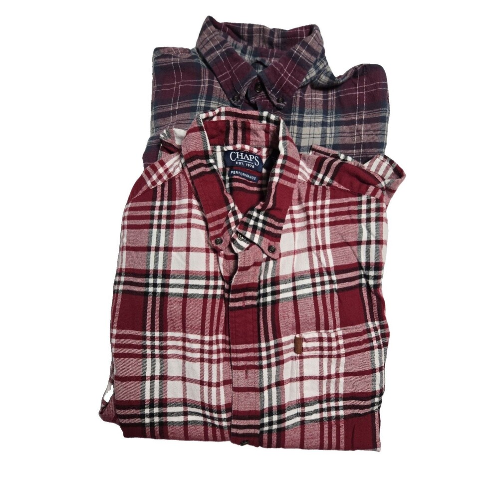 Lot of 2 Chaps Performance Flannel Shirt Men L Red White Plaid LS Pocket